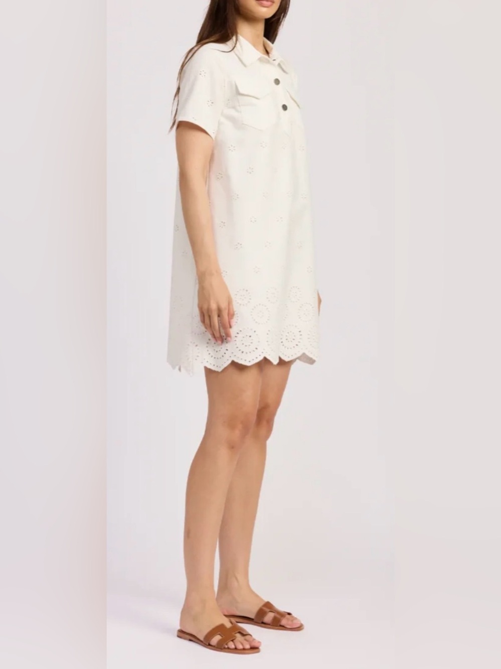 En Saison ~ Designer White Eyelet Polo Denim Button Down Mini Dress - S - Picture 4 of 14